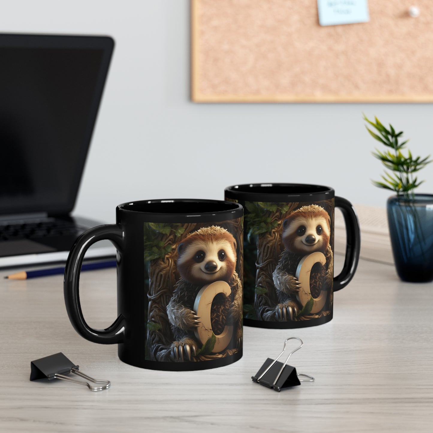 Baby Sloth Letter C - 11oz Black Mug